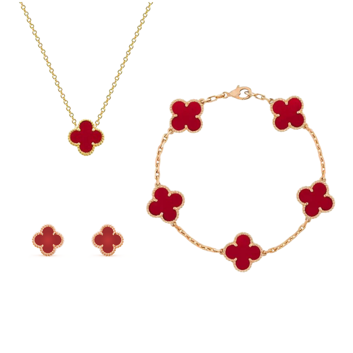 Nova Amber Clover Three-Piece Jewelry Set — Matching Necklace, Bracelet, and Earrings