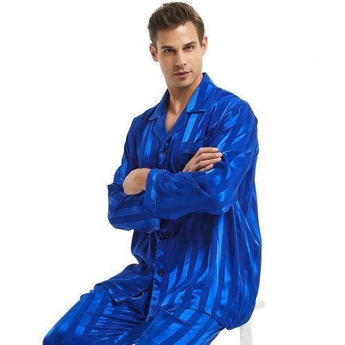 Herren-Satin-Pyjama-Set mit langen Ärmeln — Klassisches Streifendesign