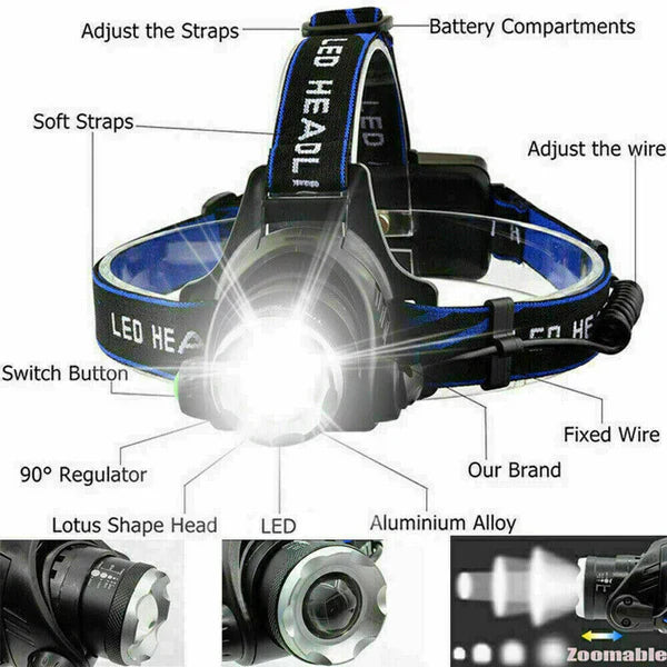 990000LM Rechargeable LED Headlamp Zoomable Torch Tactical Headlight Flashlight | Filindra
