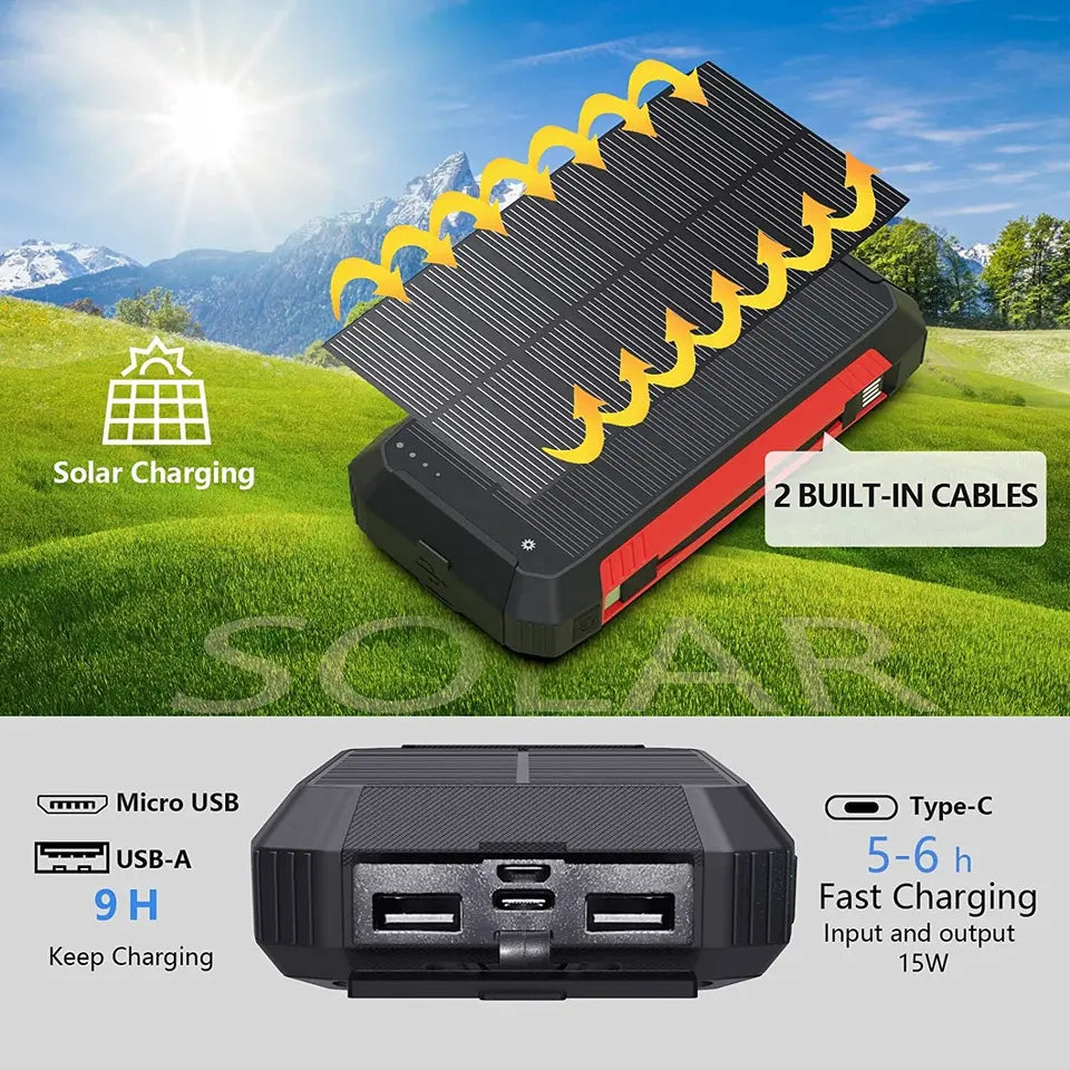 EclipseVolt portabel solcellsladdare på 30 000 mAh — vattentät design, dubbla USB-portar och Qi-trådlös laddningsplatta