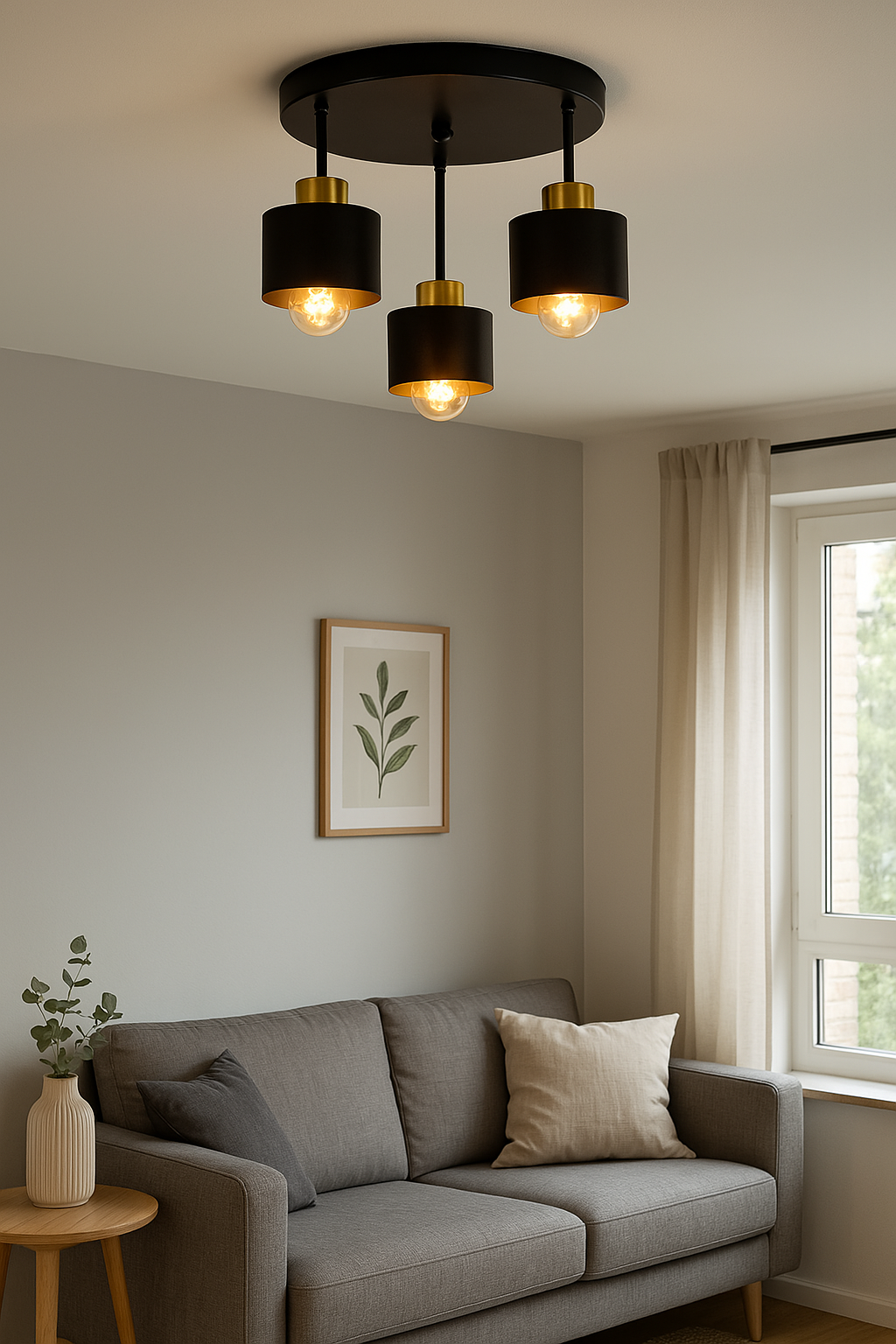 Black and Gold Three Light Ceiling Lamp — E27 Sockets