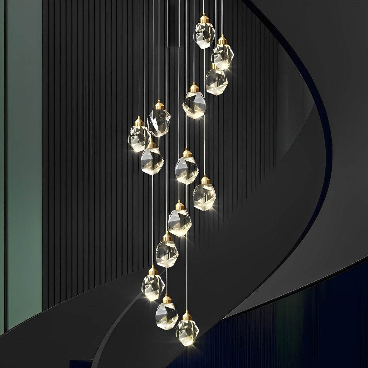 Moderner Spiral-Kronleuchter mit Kristalltropfen — für Duplex-Treppenhäuser