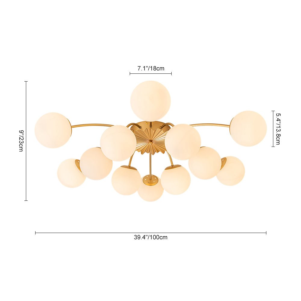 Sputnik 12-Light Brass Ceiling Light — Opal Glass Globes, Dimmable
