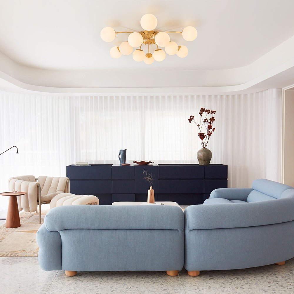 Sputnik 12-Light Brass Ceiling Light — Opal Glass Globes, Dimmable
