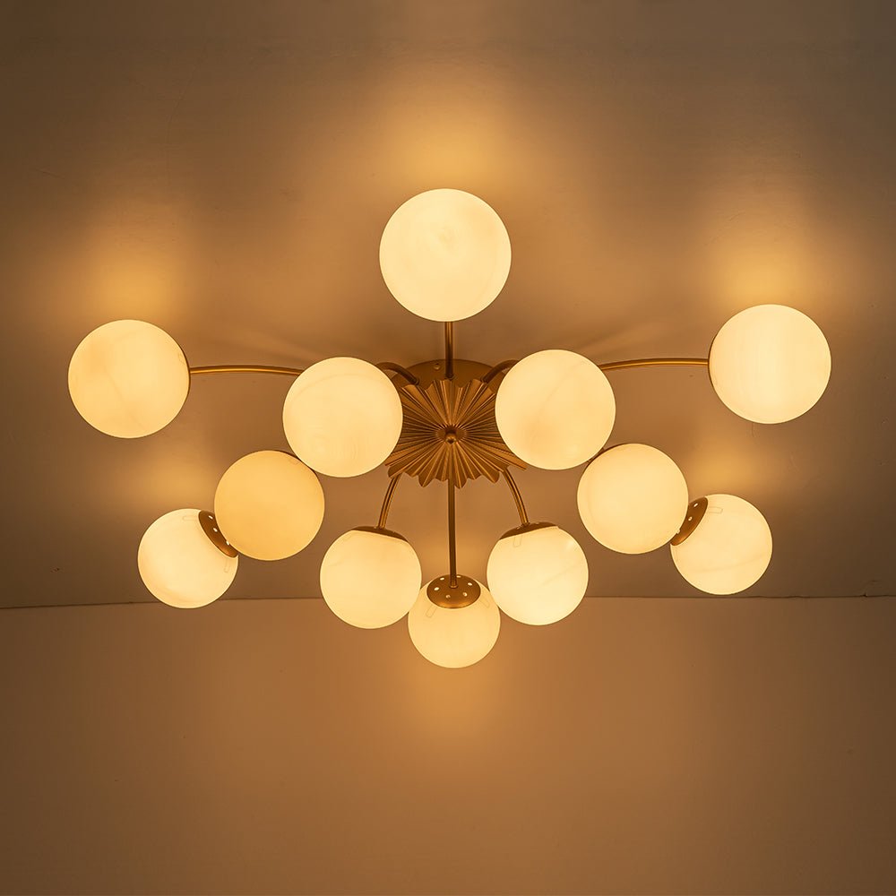 Sputnik 12-Light Brass Ceiling Light — Opal Glass Globes, Dimmable