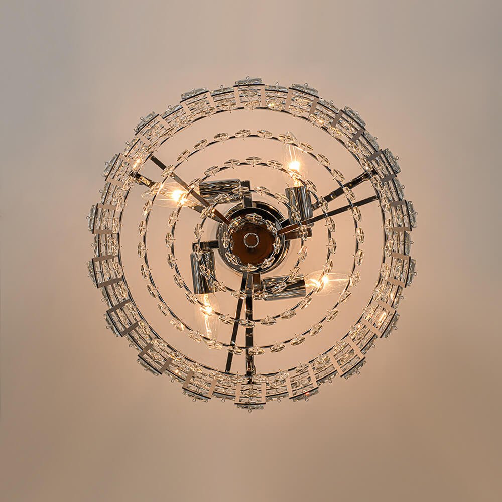 Candeeiro de teto tipo tambor em cristal com 4 luzes, montagem semiencastrada, acabamento cromado e latão, regulável, E14