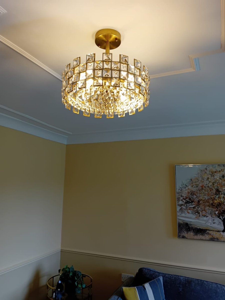 Candeeiro de teto tipo tambor em cristal com 4 luzes, montagem semiencastrada, acabamento cromado e latão, regulável, E14