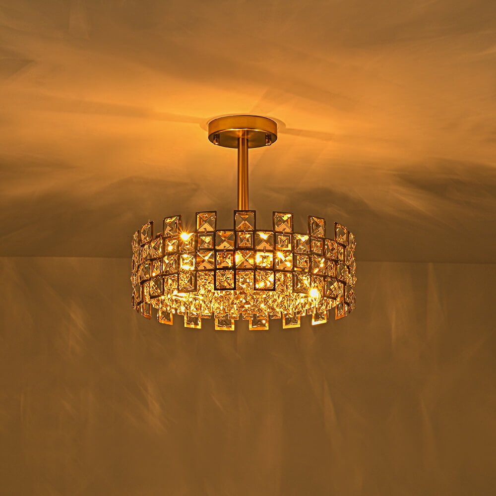 Candeeiro de teto tipo tambor em cristal com 4 luzes, montagem semiencastrada, acabamento cromado e latão, regulável, E14