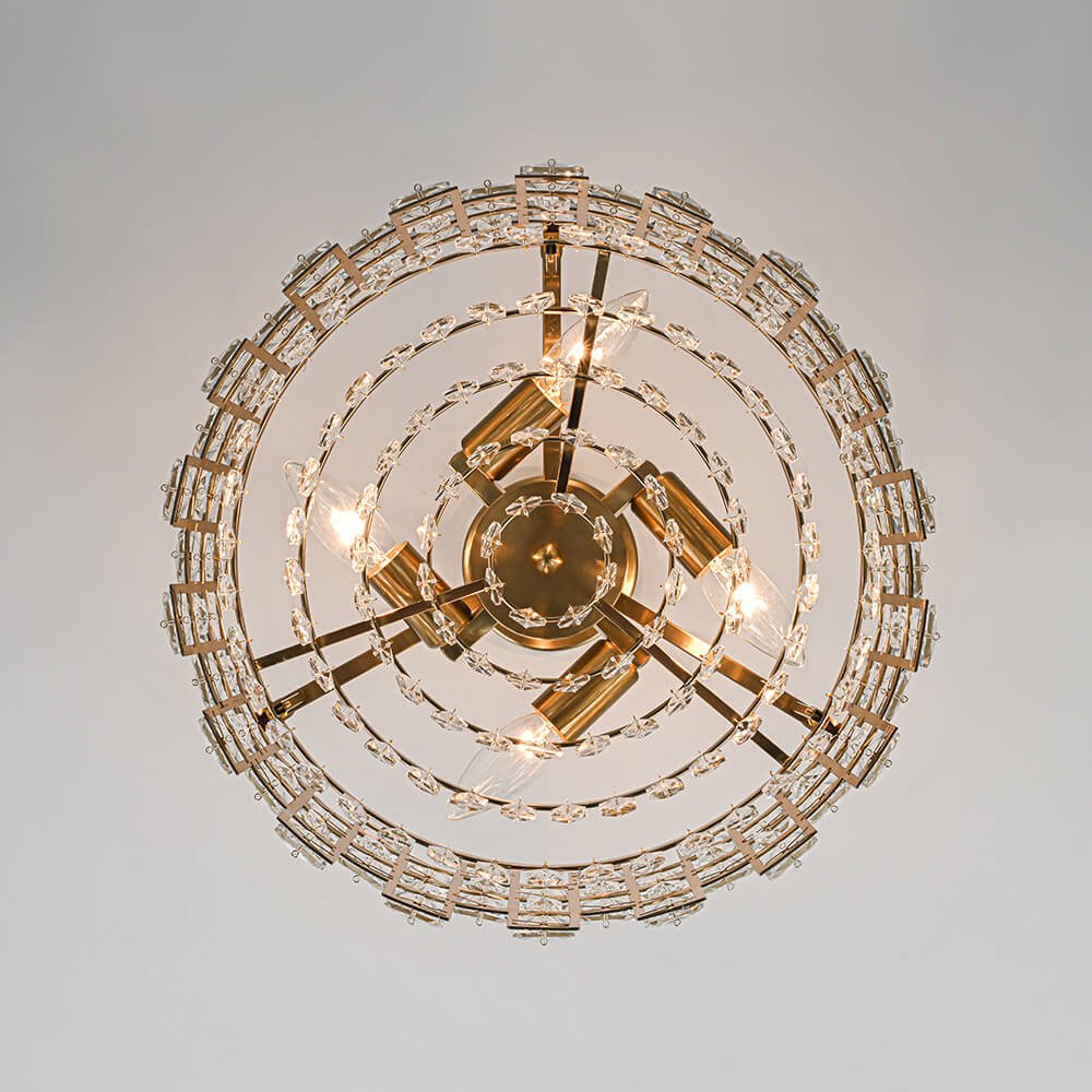 Candeeiro de teto tipo tambor em cristal com 4 luzes, montagem semiencastrada, acabamento cromado e latão, regulável, E14