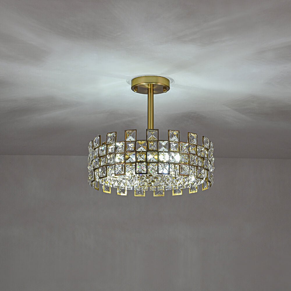 Candeeiro de teto tipo tambor em cristal com 4 luzes, montagem semiencastrada, acabamento cromado e latão, regulável, E14