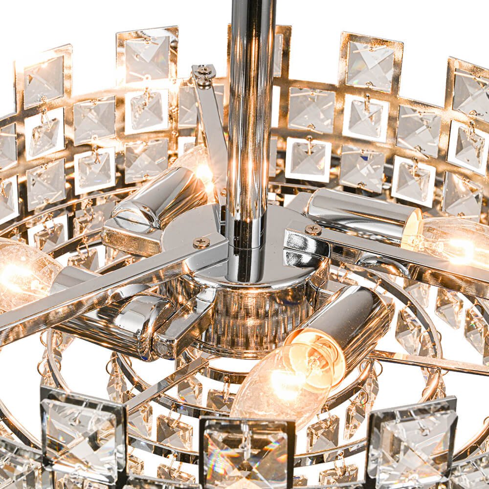 Candeeiro de teto tipo tambor em cristal com 4 luzes, montagem semiencastrada, acabamento cromado e latão, regulável, E14