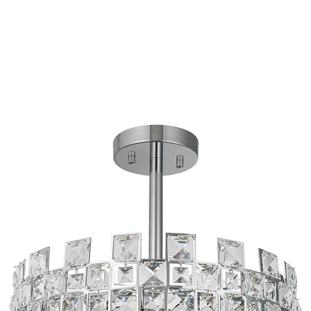 Candeeiro de teto tipo tambor em cristal com 4 luzes, montagem semiencastrada, acabamento cromado e latão, regulável, E14