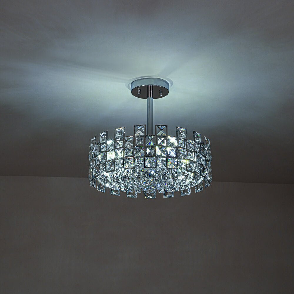 Candeeiro de teto tipo tambor em cristal com 4 luzes, montagem semiencastrada, acabamento cromado e latão, regulável, E14