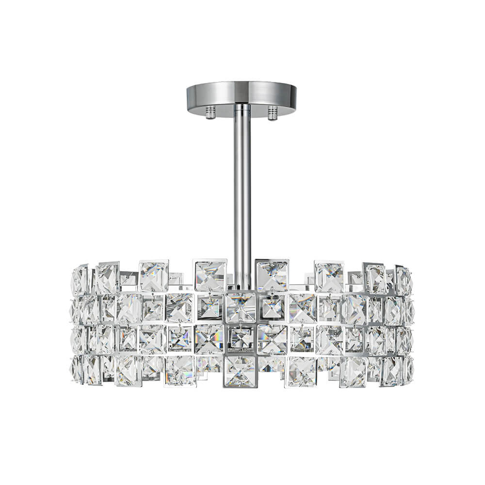 Candeeiro de teto tipo tambor em cristal com 4 luzes, montagem semiencastrada, acabamento cromado e latão, regulável, E14