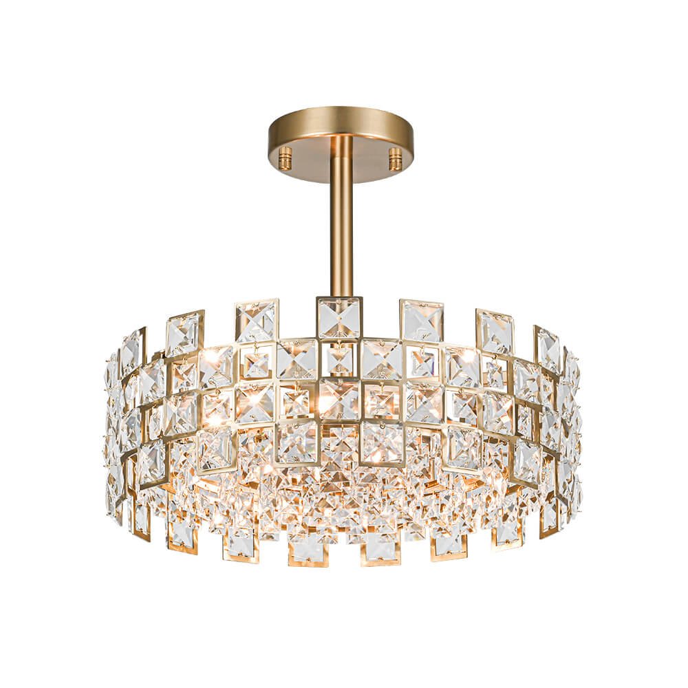 Candeeiro de teto tipo tambor em cristal com 4 luzes, montagem semiencastrada, acabamento cromado e latão, regulável, E14
