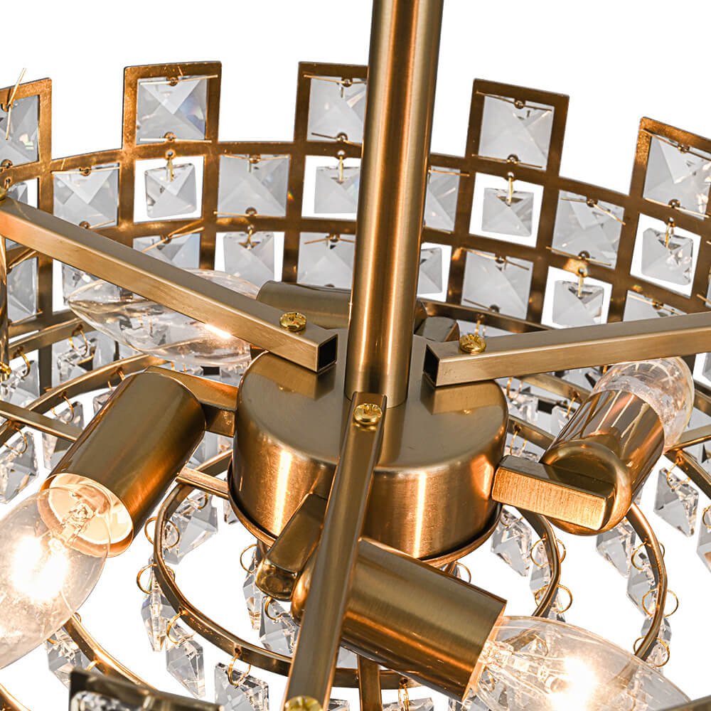 Candeeiro de teto tipo tambor em cristal com 4 luzes, montagem semiencastrada, acabamento cromado e latão, regulável, E14