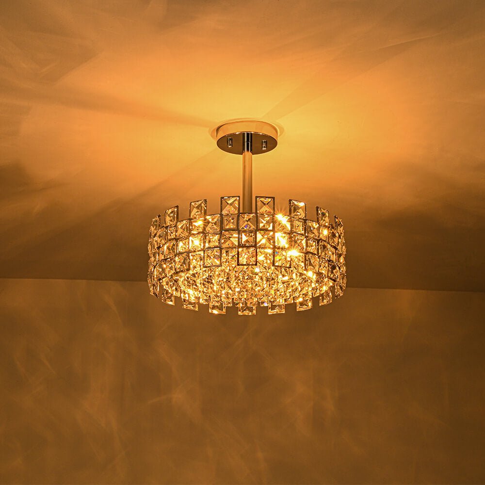 Candeeiro de teto tipo tambor em cristal com 4 luzes, montagem semiencastrada, acabamento cromado e latão, regulável, E14