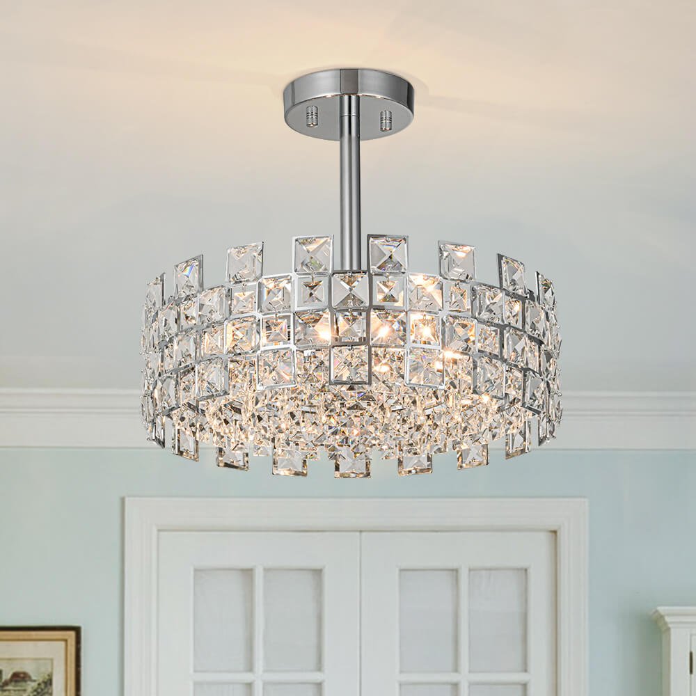 Candeeiro de teto tipo tambor em cristal com 4 luzes, montagem semiencastrada, acabamento cromado e latão, regulável, E14
