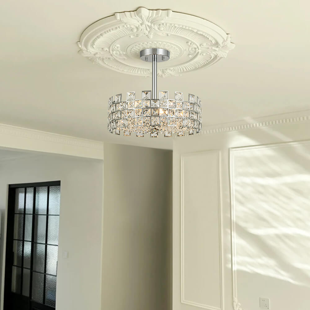 Candeeiro de teto tipo tambor em cristal com 4 luzes, montagem semiencastrada, acabamento cromado e latão, regulável, E14
