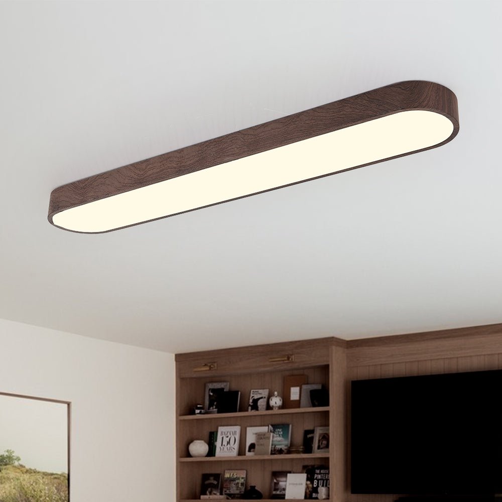 楕円形LEDシーリング照明 — 木目仕上げ、メタルフレーム、幅65～90 cm、暖色または昼白色の選択肢