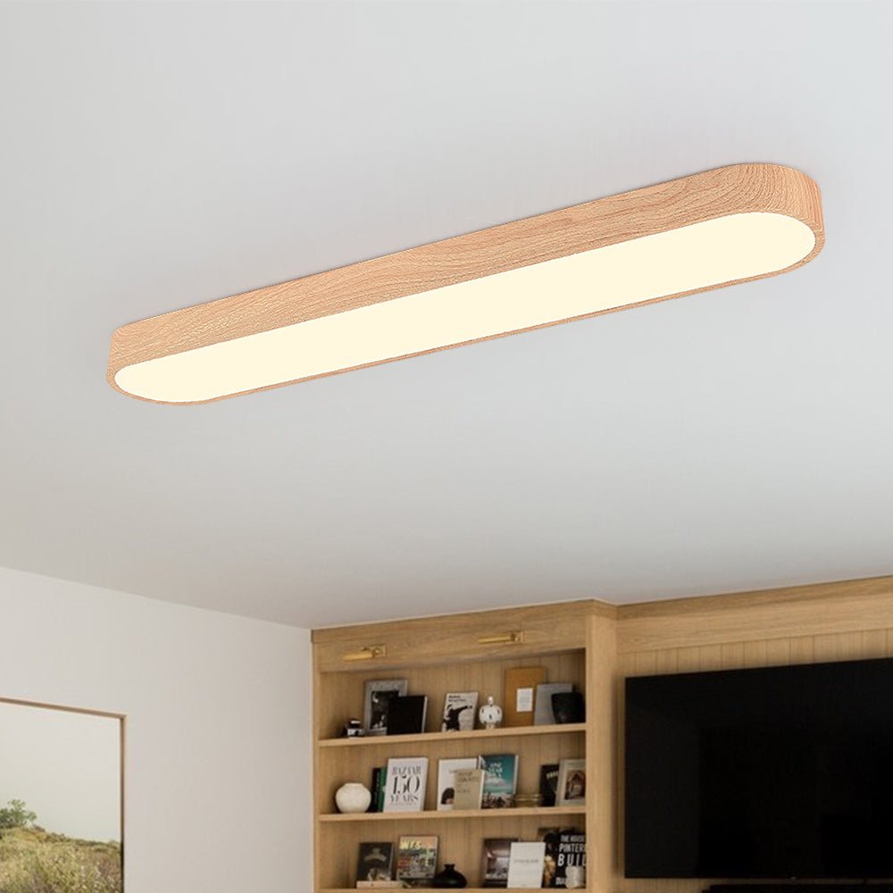 楕円形LEDシーリング照明 — 木目仕上げ、メタルフレーム、幅65～90 cm、暖色または昼白色の選択肢