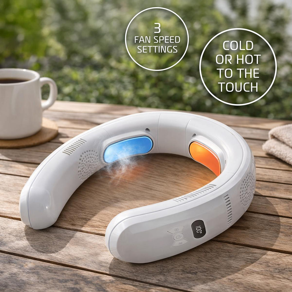 ThermoFlow 3-Zone Wearable Neck Fan – Adjustable Neck Cooler and Heater