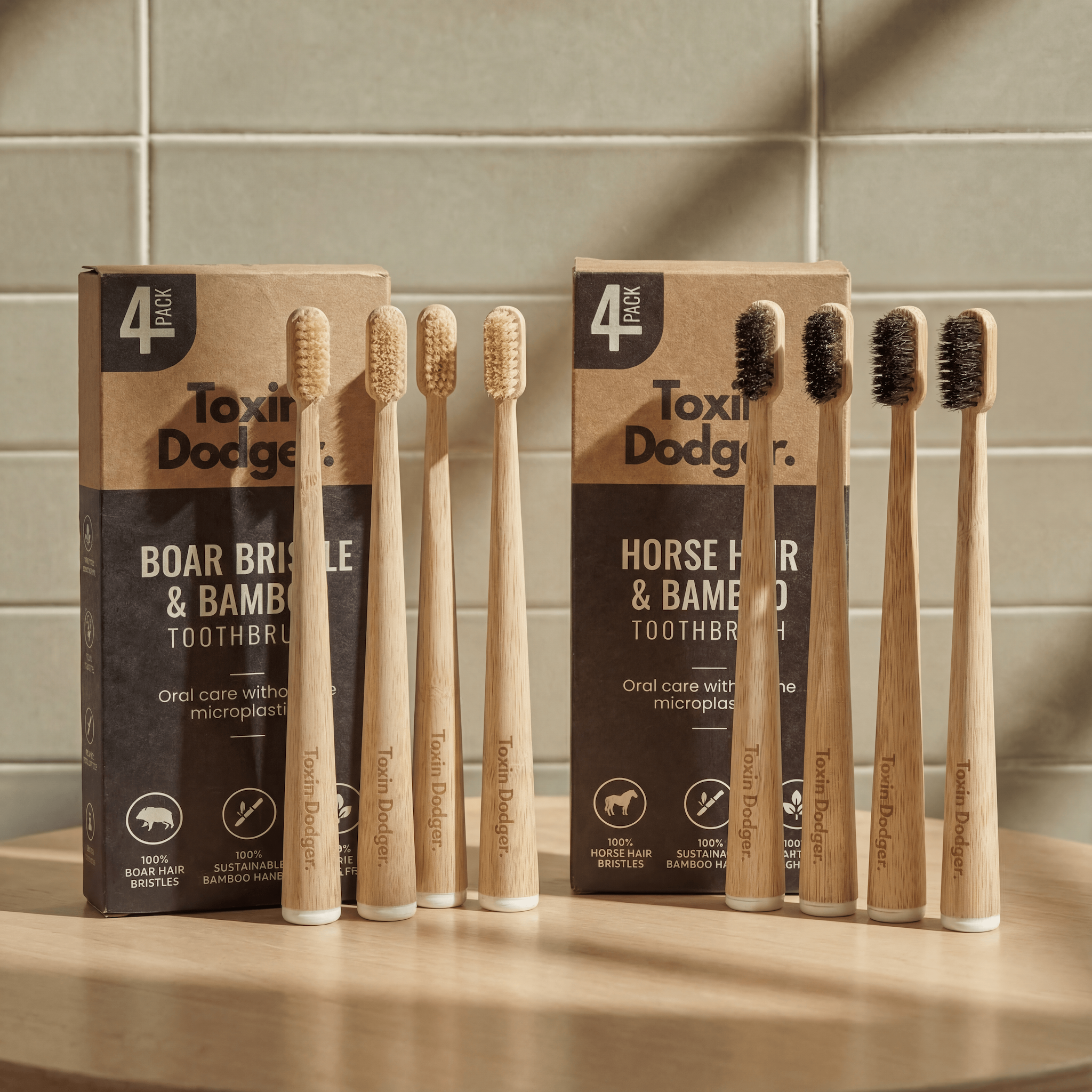 Four-Pack Bamboo Toothbrush Set — Natural Bristle Design