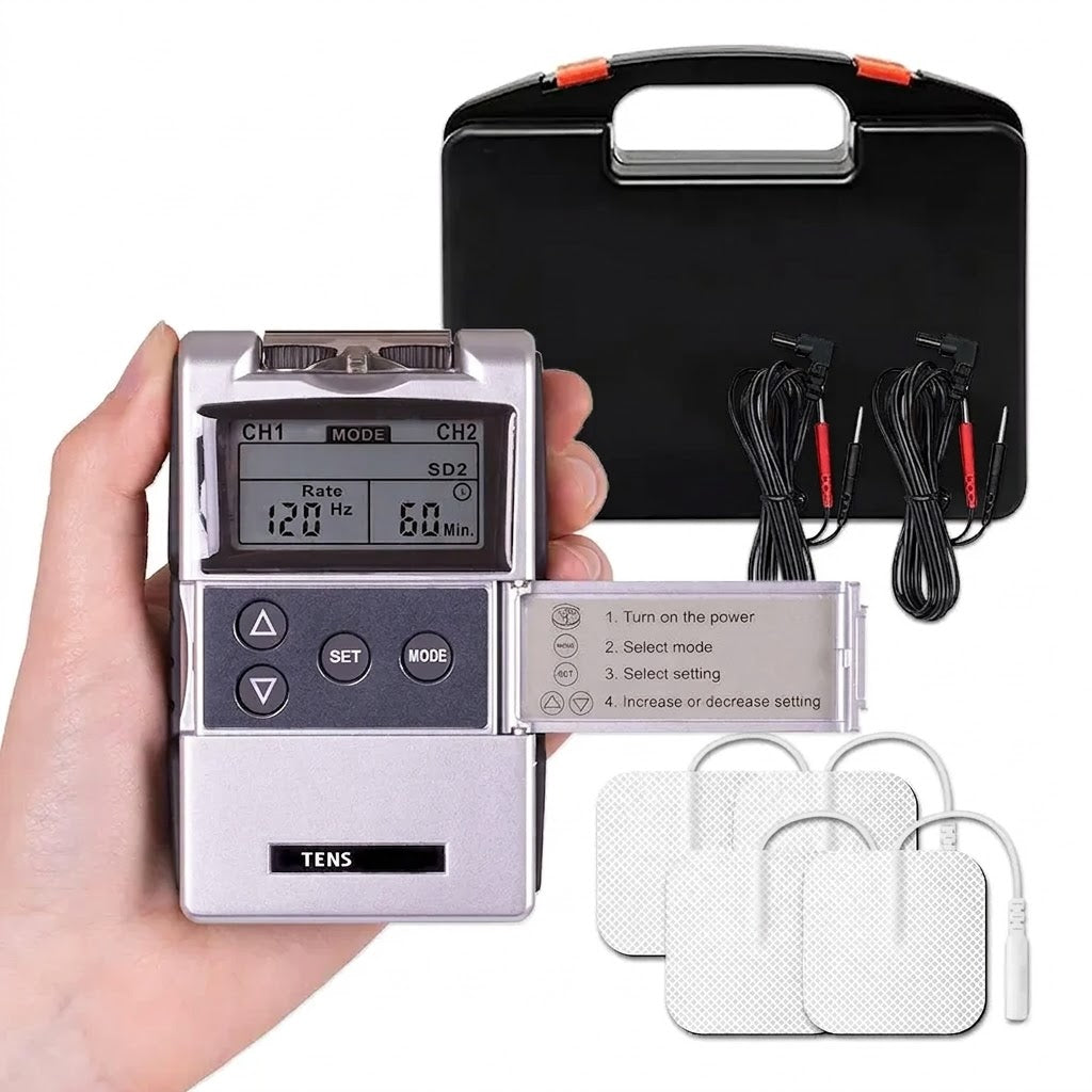 Eletroestimulador muscular TENS/EMS de canal duplo — intensidade ajustável, dois canais independentes, elétrodos adesivos