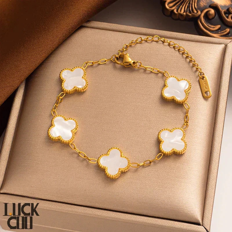 Liora Clover Charm Bracelet — Gold Plated Stainless Steel, Four Floral Charms