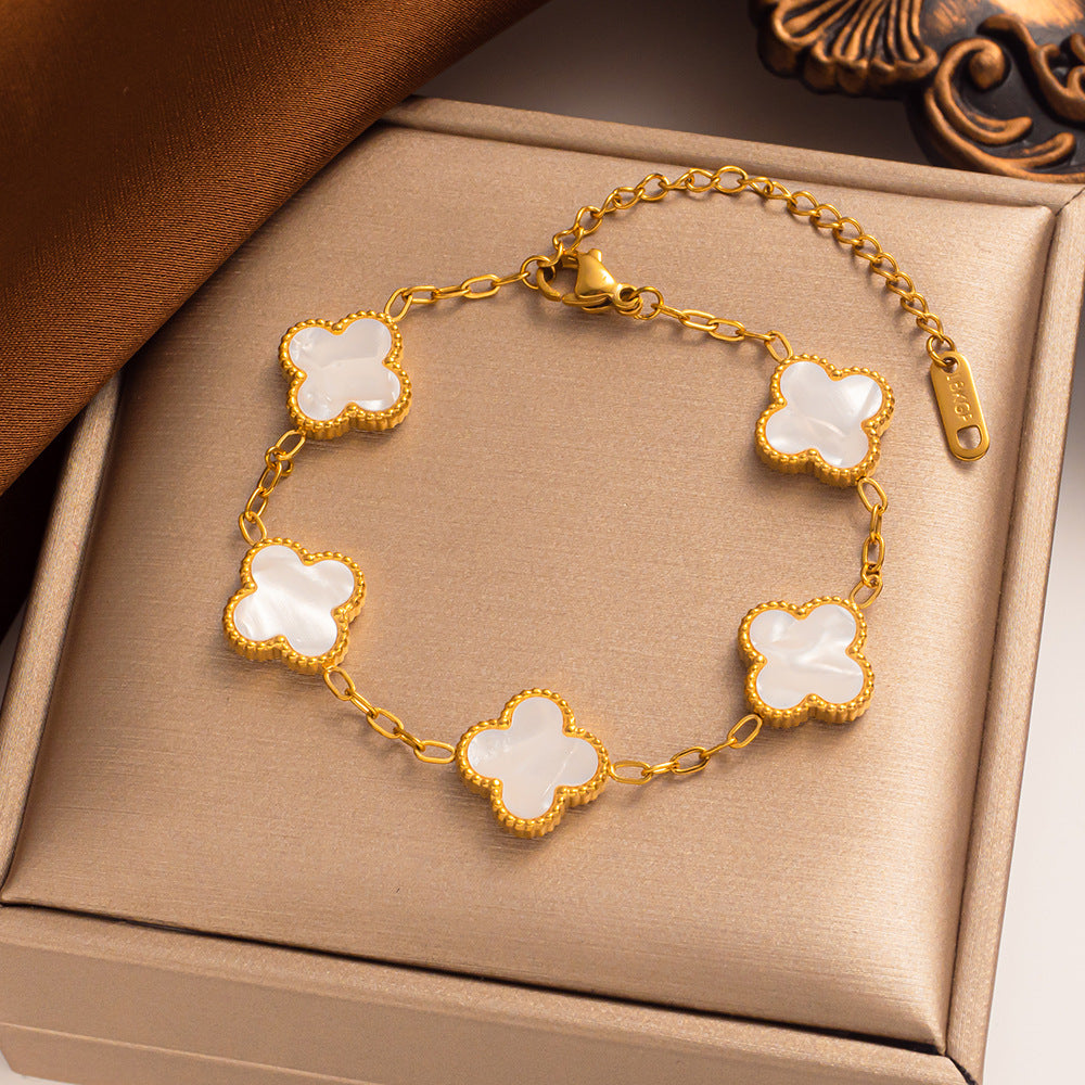 Liora Clover Charm Bracelet — Gold Plated Stainless Steel, Four Floral Charms