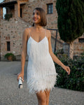 Nika-Minikleid mit Paillettenfransen und Federn — Auffälliger Party-Look