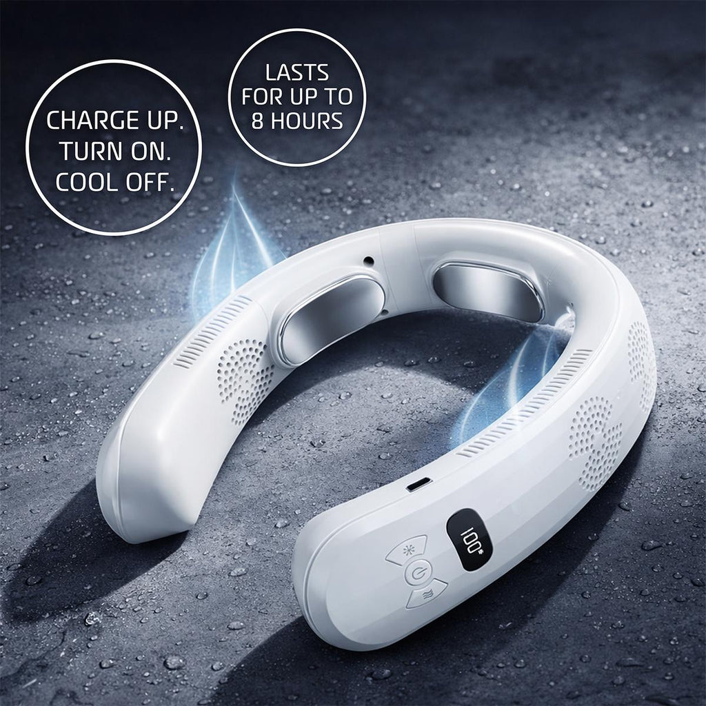 ThermoFlow 3-Zone Wearable Neck Fan – Adjustable Neck Cooler and Heater